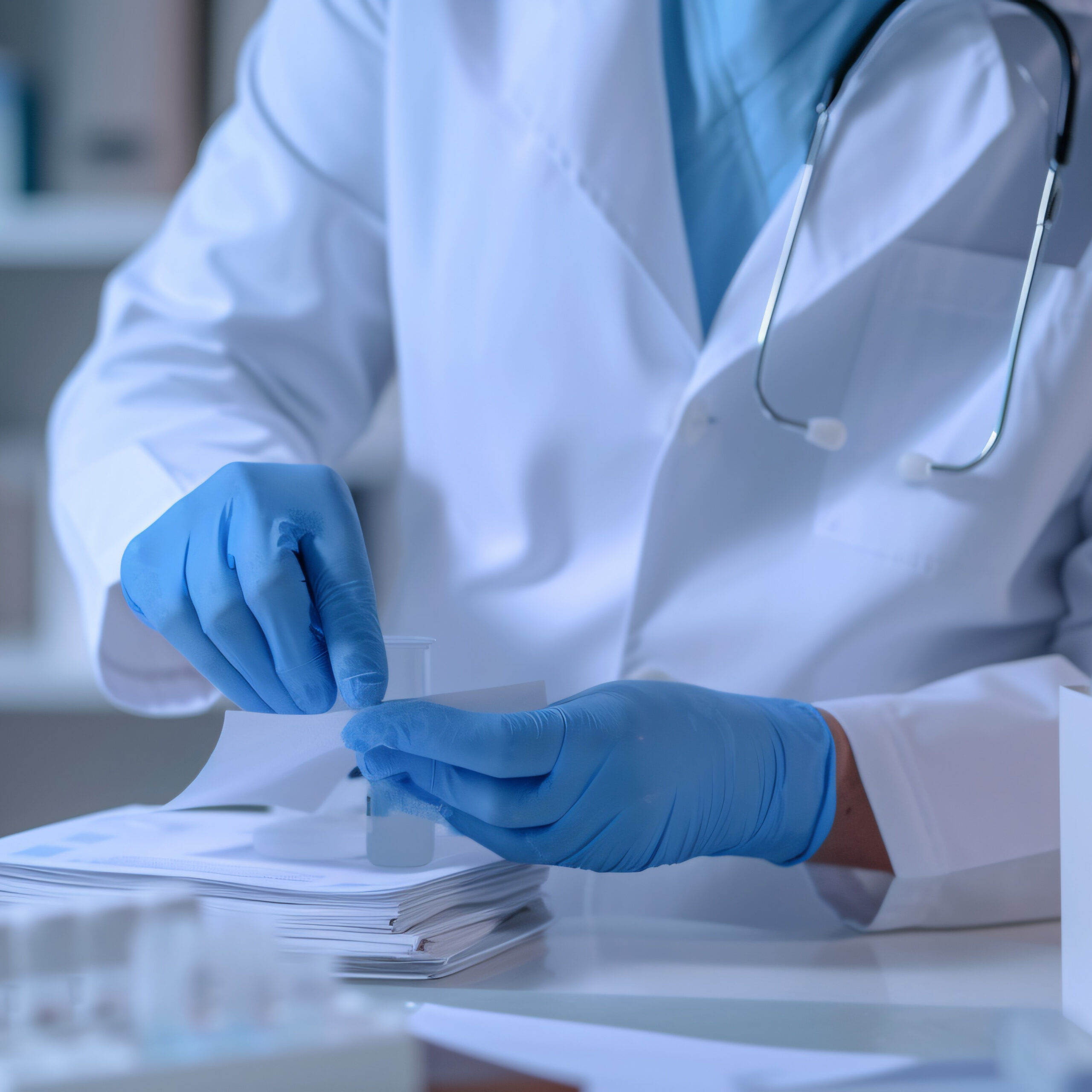 Dermatologist performing skin sensitivity examination under bright light in close proximity.