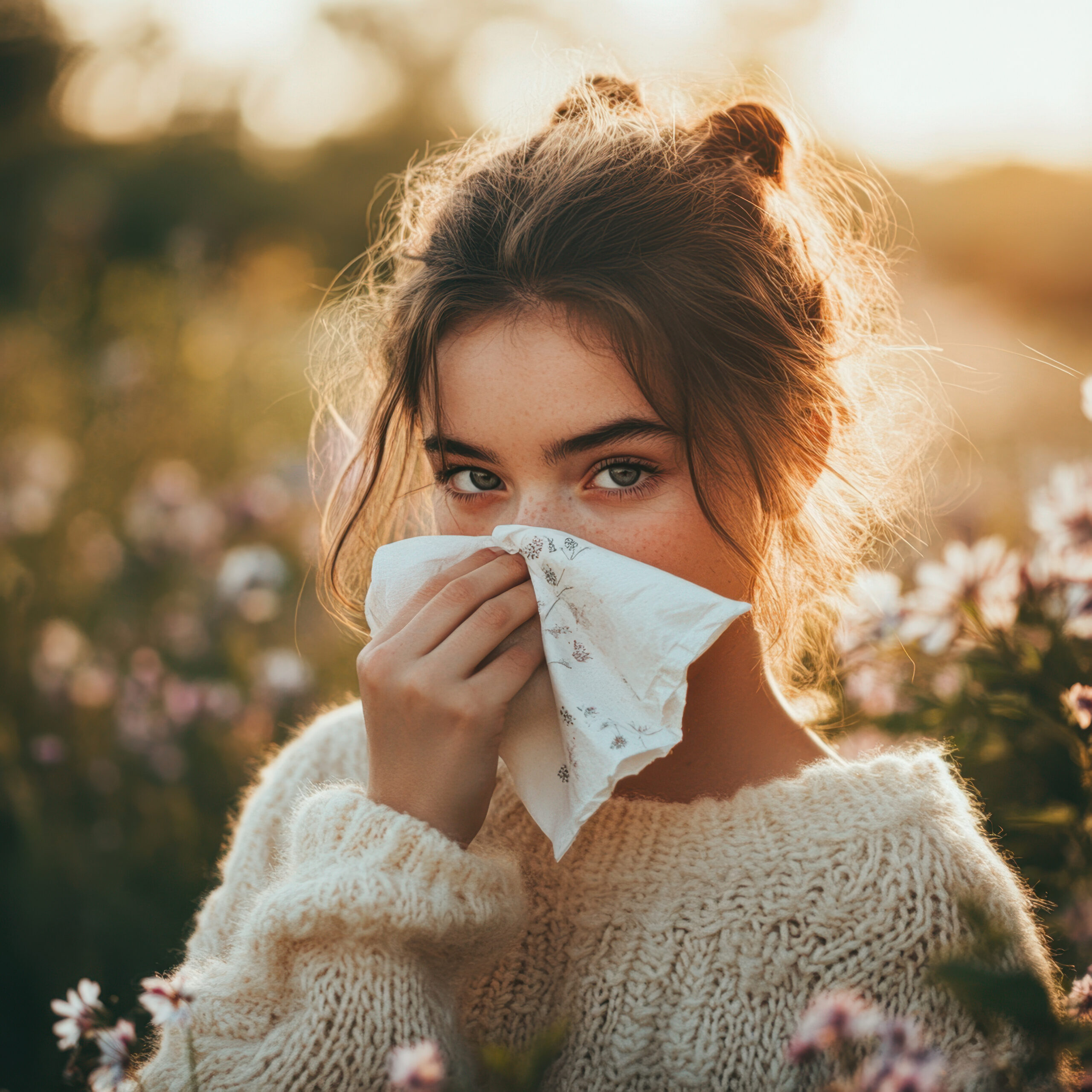 A woman in a park sneezing into a handkerchief against a background of blossoming trees and warm sunlight. Spring allergy to pollen. Seasonal allergies in nature.